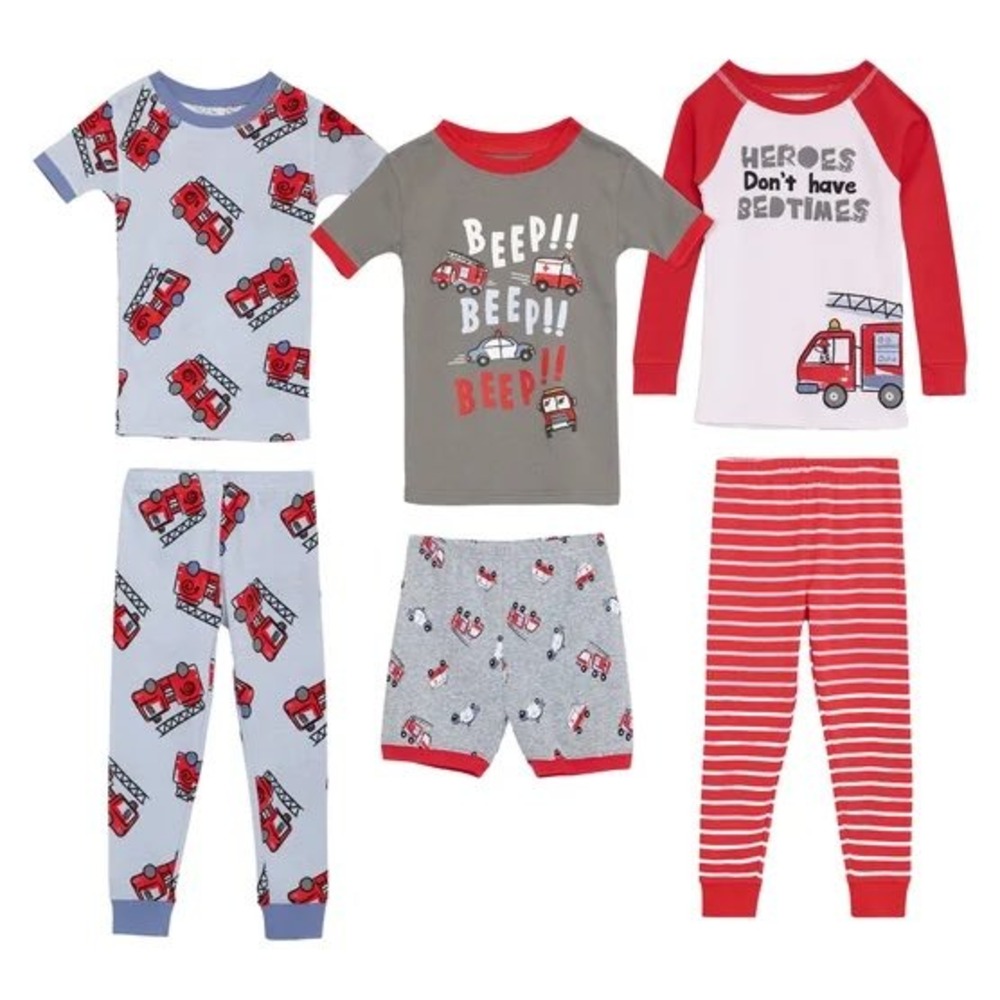 Koala Kids 4T Boys 6-Piece Pajama Set Fire Truck Emergency Vehicles Red Gray New - Picture 4 of 8